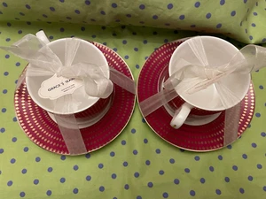Grace’s Teaware Gift Set 2 Tea Cups & Saucers Magenta w/Gold Diamond Pattern NEW - Picture 1 of 6
