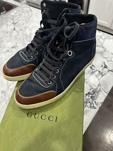 GUCCI Guccisima GG Monogram Navy Blue Nylon Brown Leather High Top Sneaker sz9