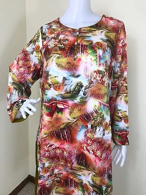 Blusa feminina Kurti de seda estampada designer paquistanês G - Imagem 1 de 4