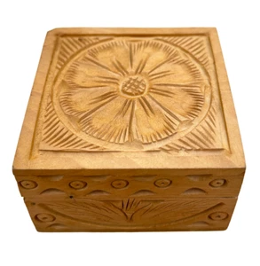 Wooden Jewelry Box 2½ X 2½"  Trinket Organizer Hand Carved Vintage look keepsake - Picture 1 of 5