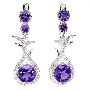 925 Sterling Silver Round Purple Amethyst 7mm Simulated Cz Earrings - Picture 1 of 10