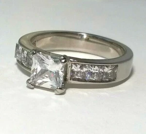 STAINLESS STEEL CZ Cocktail Ring CUBIC ZIRCONIA PRINCESS Invisible Set Sz9 - Picture 1 of 8