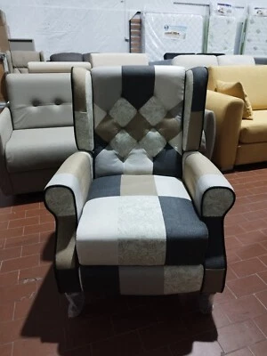 Poltrona relax tessuto patchwork BERGERE Reclinabile poggiapiedi Tortora - Immagine 1 di 4