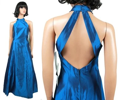 NWT Evening Gown 5/6 Sz S Blue Sleeveless High Collar Open Back Long Prom Dress - Image 1 of 4