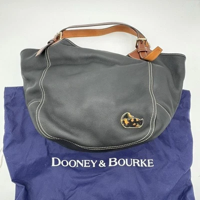 Dooney & Bourke Large Tote Bag Purse Black Leather w/Duck Stone Brown Straps - Image 1 of 4