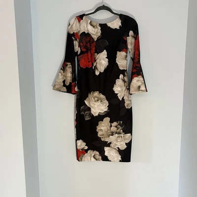 Calvin Klein Women’s Dress Size 4 Bell Sleeves Black Floral Roses Dark Romantic - Image 1 of 4