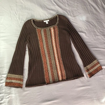 Bell Sleeve Sweater Brown Orange Size L Earth Tone Knit Pullover Top 70s Retro - Image 1 of 4