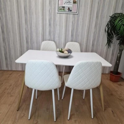 White Dining Table Set with 4 Padded Gem Chairs, Modern Kitchen Set - Image 1 of 4