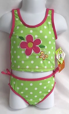 Penelope Mack Toddler Girls Swimsuit Green Pink Polka dot Bathing Swim Suit 2 Pc - Image 1 of 4