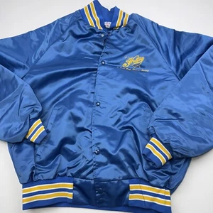 Vintage 1980s XL Made In USA Truck Trucker Blue Satin Bomber Jacket Blue Westark - Picture 1 of 11
