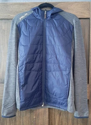 NUEVO CON ETIQUETAS $268 Hombres Ralph Lauren RLX Golf Coolwool Talla Pequeña Chaqueta con Capucha Azul Marino/Gris Foto 1 de 4