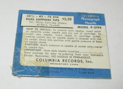 Aguja de zafiro Columbia P-2TPS 33/45/78 RPM para cartucho Philco 45-9612 76-4649 Foto 1 de 3