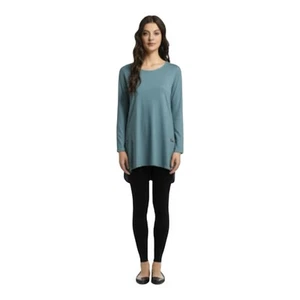 New - Simply Noelle Scoop Neck Teal Lagenlook Roll Tab Sleeve Tunic Top  S/M - Picture 1 of 10