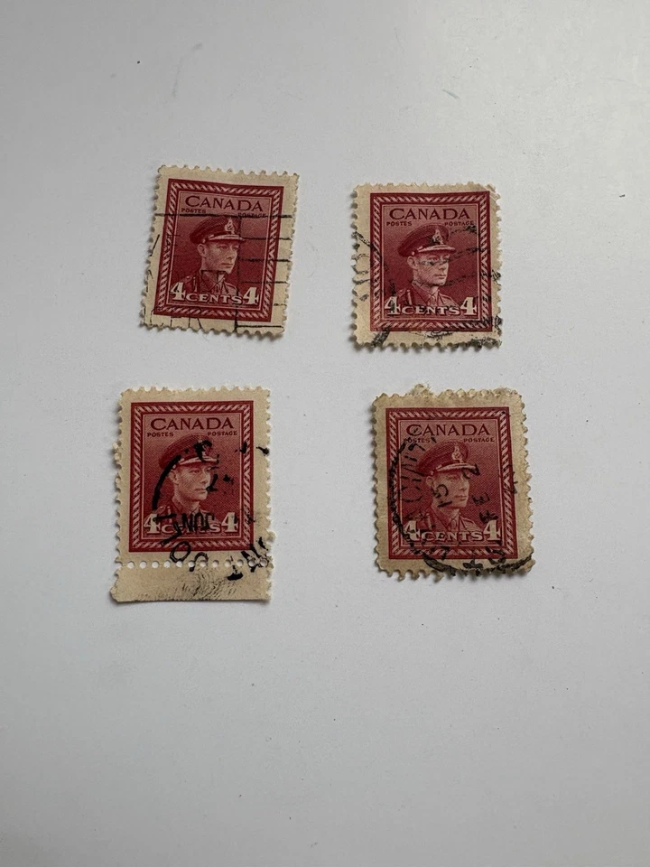 Estampilla roja de 4 centavos de 1943 del rey Jorge VI Canadá tu elección de estampilla postal coleccionar Foto 1 de 1