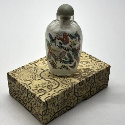 Antique Chinese 19th Century Reverse Painted Glass Snuff Bottle Butterflies Box - Image 1 of 4