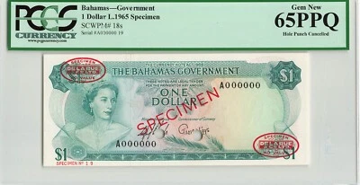 BAHAMAS $ Dollar 1965, P-18as SPECIMEN, Government PCGS 65 PPQ Gem UNC Scarce - Image 1 of 2