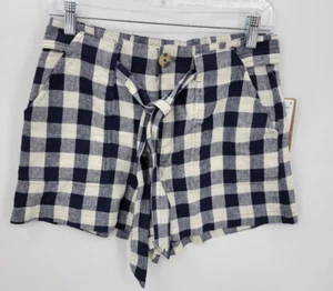 Pantalones Cortos Mason and Belle Mujer 6 Azul Marfil Cuadros Lino Bolsillos con Cinturón Nuevos con Etiquetas - Imagen 1 de 9