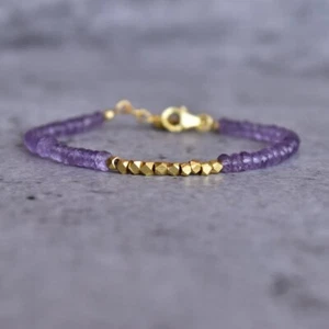 A+ Golden Pyrite & Amethyst 2Multi Faceted Rondelle Gemstone Beads Bracelet 6-8" - Bild 1 von 8