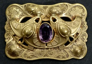 STUNNING! 1800's ANTIQUE Victorian ART NOUVEAU Gold Gilt AMETHYST Brooch Pin - Picture 1 of 5
