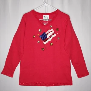 Quacker Factory Patriotic Sweater Women Small Star Sequin USA Flag V-Neck Ramie - Picture 1 of 11