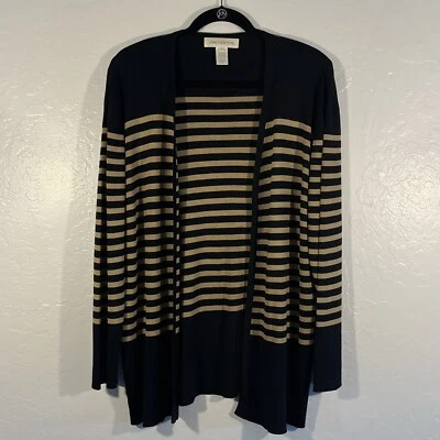 Cárdigan Jones New York 100 % seda talla grande a rayas negro beige frente abierto Foto 1 de 4