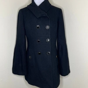 Ann Taylor LOFT Wool Blend Coat Jacket 4 Black Double Breasted Bell Sleeve Knit - Picture 1 of 9