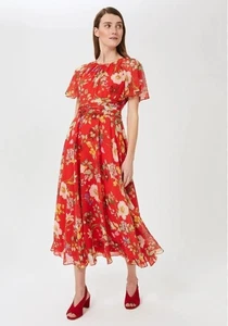 Hobbs Sarah Short Sleeve Midi Dress Flame Red Floral Print Size UK 18 BNWT - Picture 1 of 17