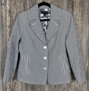 Talbots Seersucker Blue/White Stripe Blazer Jacket Preppy Nautical Sz 12 Office - Picture 1 of 13