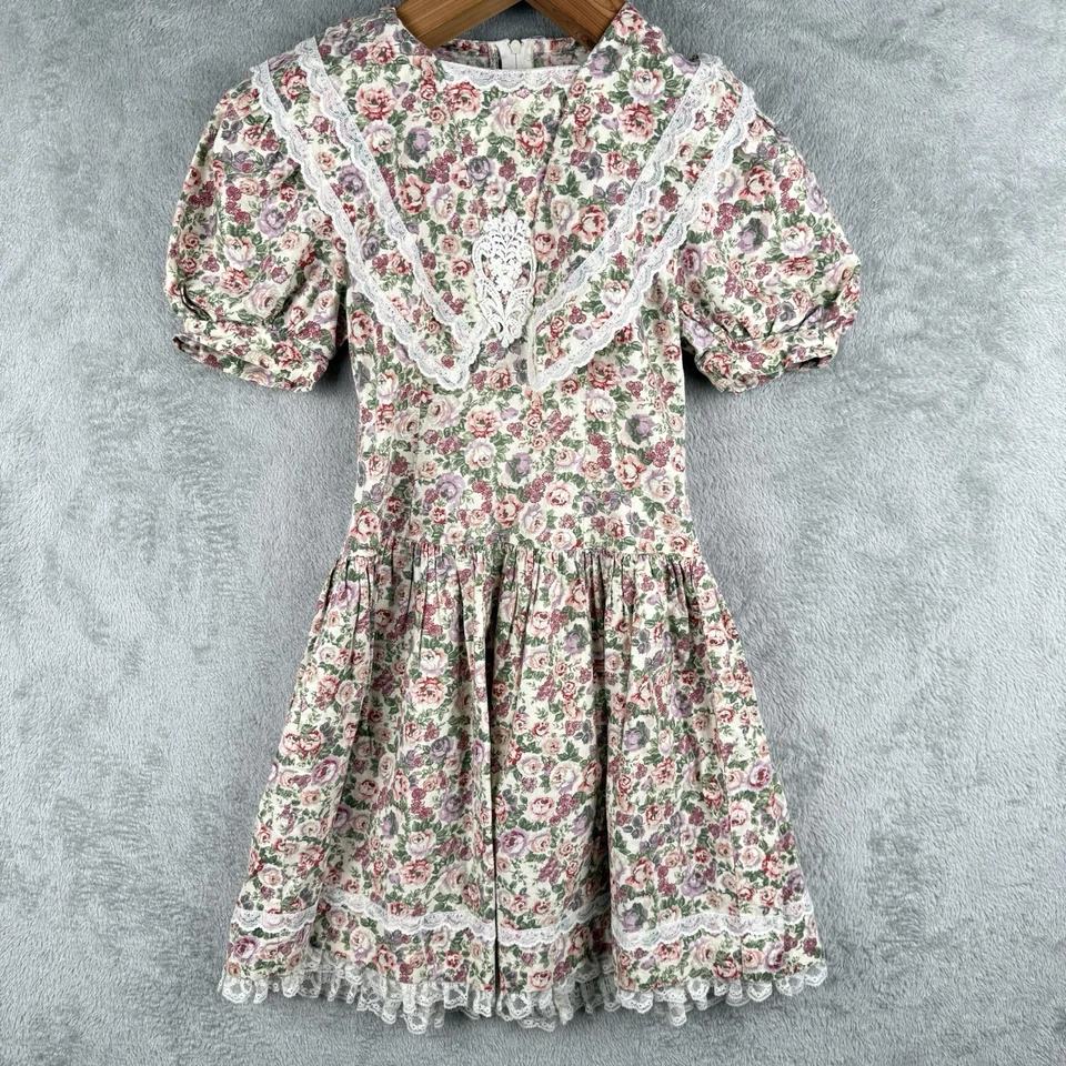Jessica McClintock Dress Women 8 Roses Lace Trim USA Made Cottage Prairie VTG - Image 1 of 4