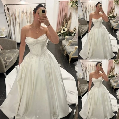 Satin Wedding Dress White Pearl Beaded Sweetheart Sleeveless A Line Bridal Gowns - Image 1 of 4