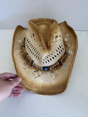 JHats Cowboy Western Hat One Size Beige Straw Beads With Aqua StoneCowgirl Rodeo - Image 1 of 4