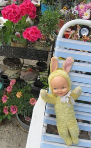 VINTAGE PLASTIC RUBBER FACE YELLOW BUNNY PLUSH PINK RABBIT RUSHTON GUND RARE TOY - Picture 1 of 24
