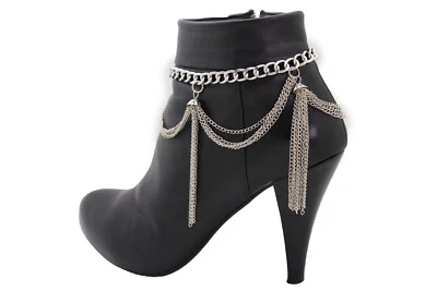 Women Silver Metal Chain Boot Bracelet Shoe Pop Star Wave Tassel Fringe Charms - Imagem 1 de 4