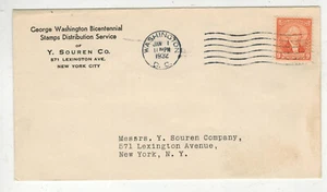 1932 GEORGE WASHINGTON BICENTENNIAL 1ST Y SOUREN FDC CLEAN! 714 9c ORANGE - Picture 1 of 1