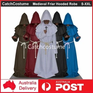 Medieval Friar Hooded Robe Monk Cross Necklace Renaissance Cosplay Costume - Picture 1 of 12