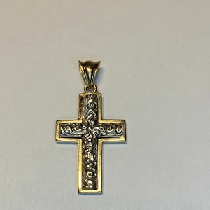 14K Yellow & White Gold Cross Pendant 1 inch Tall, 6.5 Grams - Picture 1 of 12