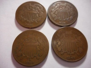 Lot (4) Better Two Cent Pieces 1864 1865 1866 1867, 2C Type Coins - Picture 1 of 5