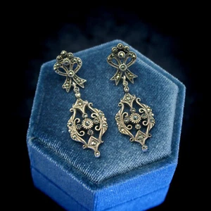 Fine Antique 1920s Art Deco 925 Sterling Silver Bows Ribbon Dangle Drop Earrings - Picture 1 of 7