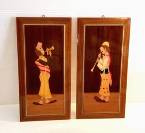 Set 2 Vintage Notturno Inlaid Wood Factory Sorrento Italy Clown Art 7x14 - Picture 1 of 16