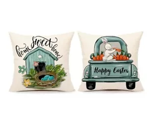 Easter Pillow Covers Set of 2 18X18 Inch Farmhouse Happy Easter Egg Rabbit - Picture 1 of 3