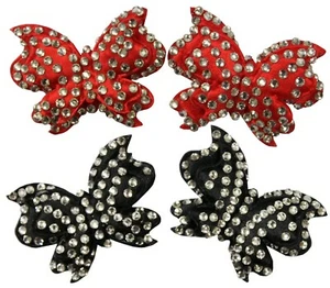 Clip On Shoe Bows Diamante Butterfly Black or Red Satin 1 Pair Crystals C5D - Picture 1 of 8