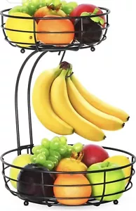 Iron 2-Tier Countertop Fruit Vegetables Basket Bowl Storage With Banana Hanger - Picture 1 of 9