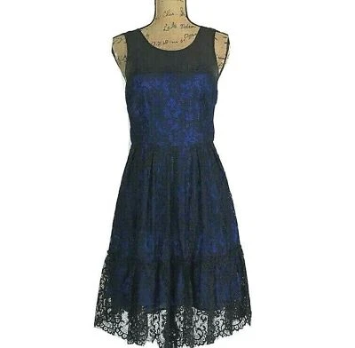 Vestido MOULINETTE SOEURS 4 Negro Encaje Vieira Borde Seda Azul Real Forrado Midi Foto 1 de 4