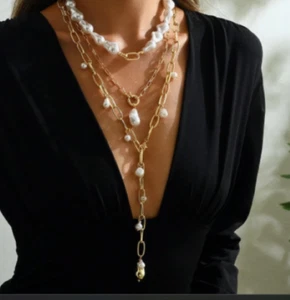 Multi Layered Pearl Statement Necklace Gold Chain Long Bead Graduated Strand - Picture 1 of 5