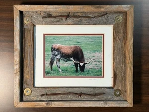 Texas Longhorns Steer Western Wall Art Picture Photo Framed Barbed wire 13”x11” - Picture 1 of 14