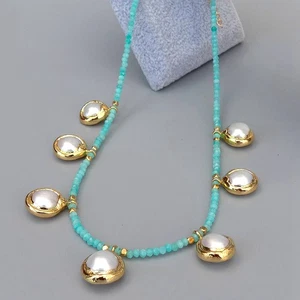 Natural Green Peruvian Amazonite White Pearl Charm Necklace 17" - Picture 1 of 7
