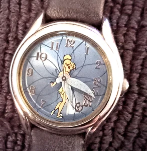 TINKERBELL GOLD-TONED BLUE DIAL BLACK LEATHER WATCH BAND 8 INCH BAND - Picture 1 of 5
