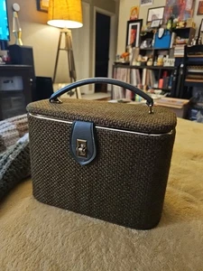 Mid Century Schminkkoffer Köperstoff braun/olivgrün Goldakzente 11" Vintage - Bild 1 von 12