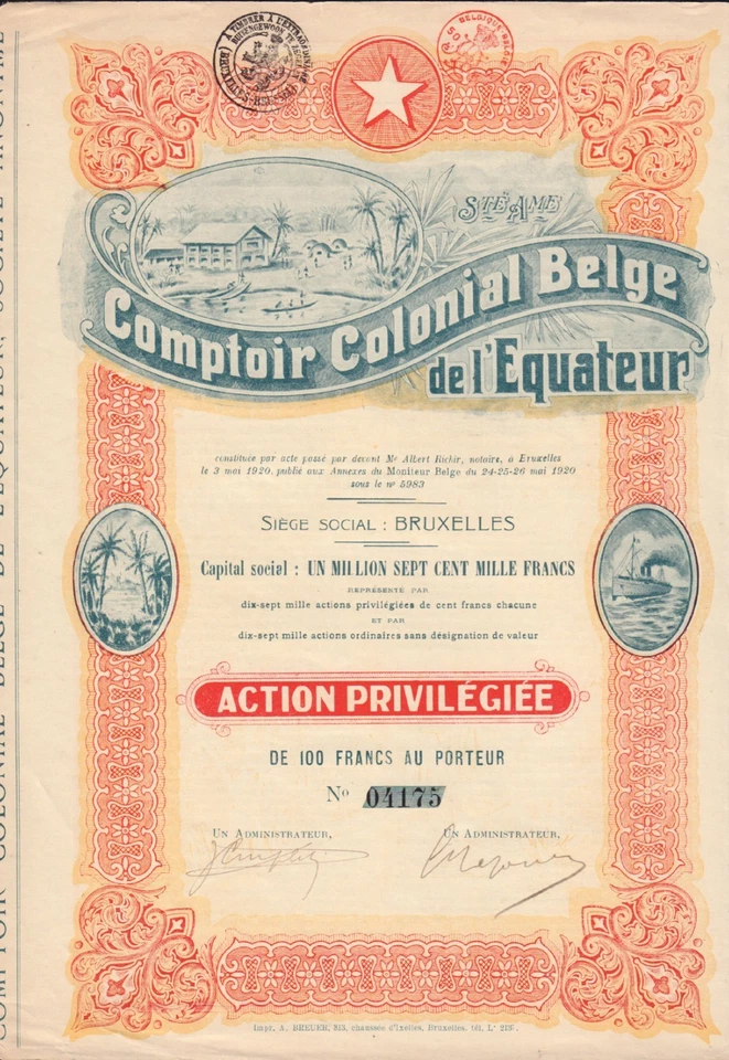África Ecuatorial: Compt. Colonial Belge de l'Eecuur 1920 emitido en Bélgica Foto 1 de 1