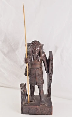 Vtg Hand Carved Wood Native Igorot  Huntress With Dog Spear Shield Hunter Wooden - Image 1 of 4